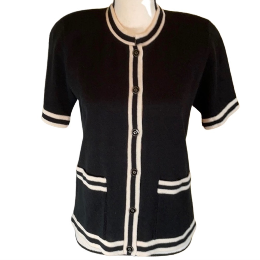 Delano Knitwear Black/ Cream Trimming Short Sleeve Sweater Size XS - Picture 2 of 8